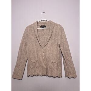 Pure Cashmere womens beige knit cardigan shawl collar scalloped hem Sz L